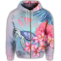 Hawaii Map Kanaka Turtle Galaxy Night Plumeria Hibiscus Zip Hoodie - Polynesian Pride