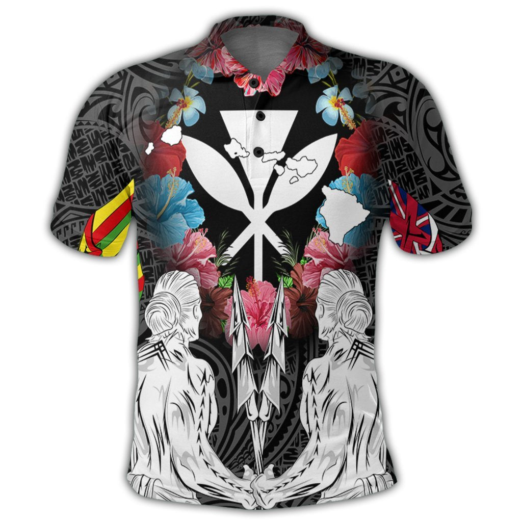 Hawaii Map Kanaka Two Men Holding Flag Polo Shirt - Polynesian Pride