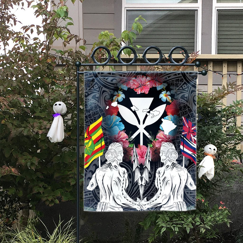 Hawaii Map Kanaka Two Men Holding Flag Flag - AH - Polynesian Pride