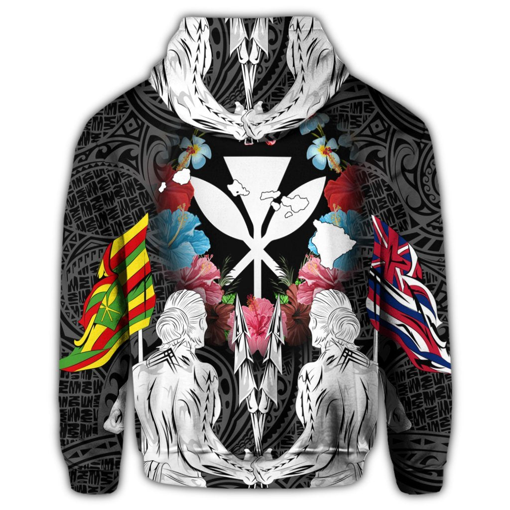 Hawaii Map Kanaka Two Men Holding Flag Zip Hoodie - Polynesian Pride