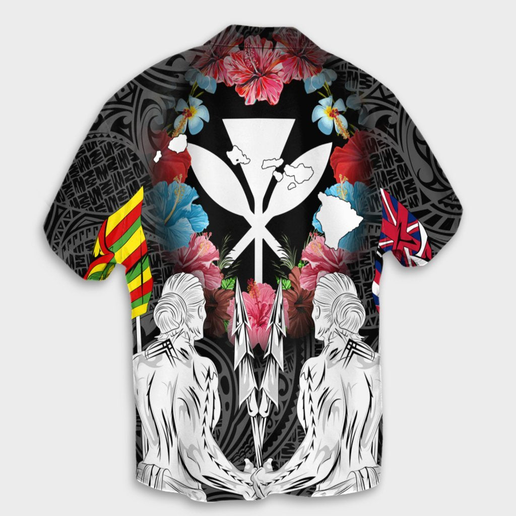 Hawaii Map Kanaka Two Men Holding Flag Hawaiian Shirt - AH - Polynesian Pride