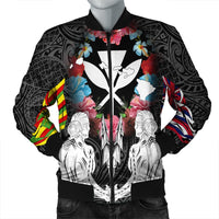 Hawaii Map Kanaka Two Men Holding Flag Bomber Jacket - AH Black - Polynesian Pride