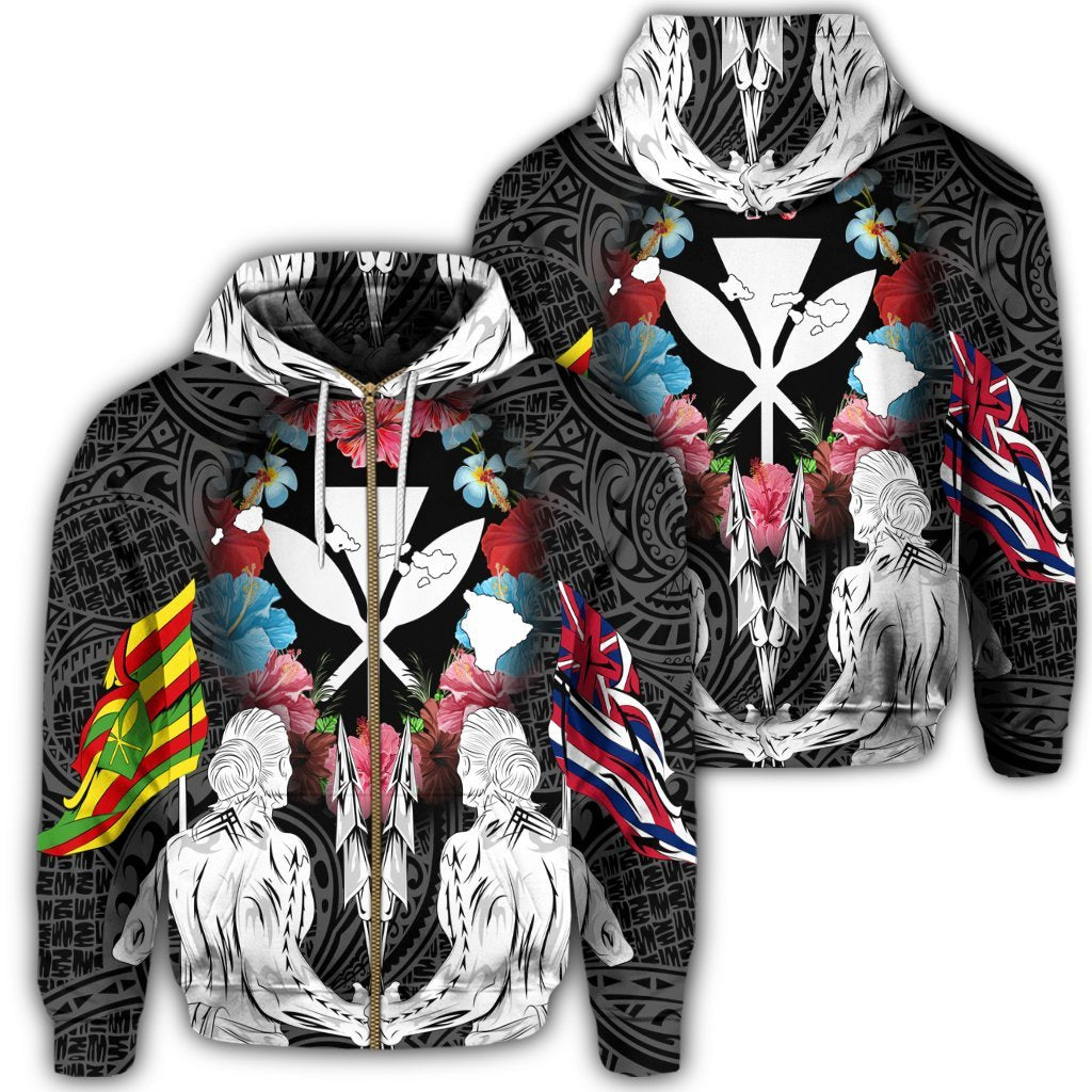 Hawaii Map Kanaka Two Men Holding Flag Zip Hoodie Unisex Art - Polynesian Pride