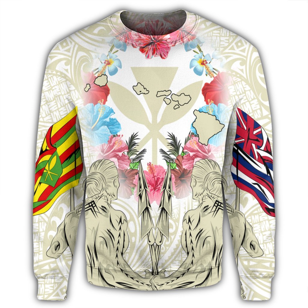 Hawaii Map Kanaka Two Men Holding Flag Sweatshirt Beige - AH - Polynesian Pride