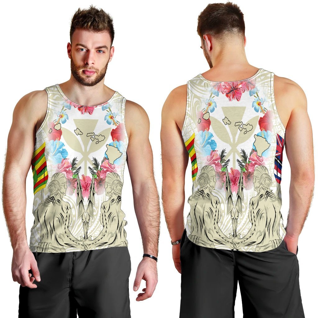 Hawaii Map Kanaka Two Men Holding Flag Tank Top Beige - AH - Polynesian Pride