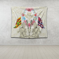 Hawaii Map Kanaka Two Men Holding Flag Tapestry Beige - AH - Polynesian Pride