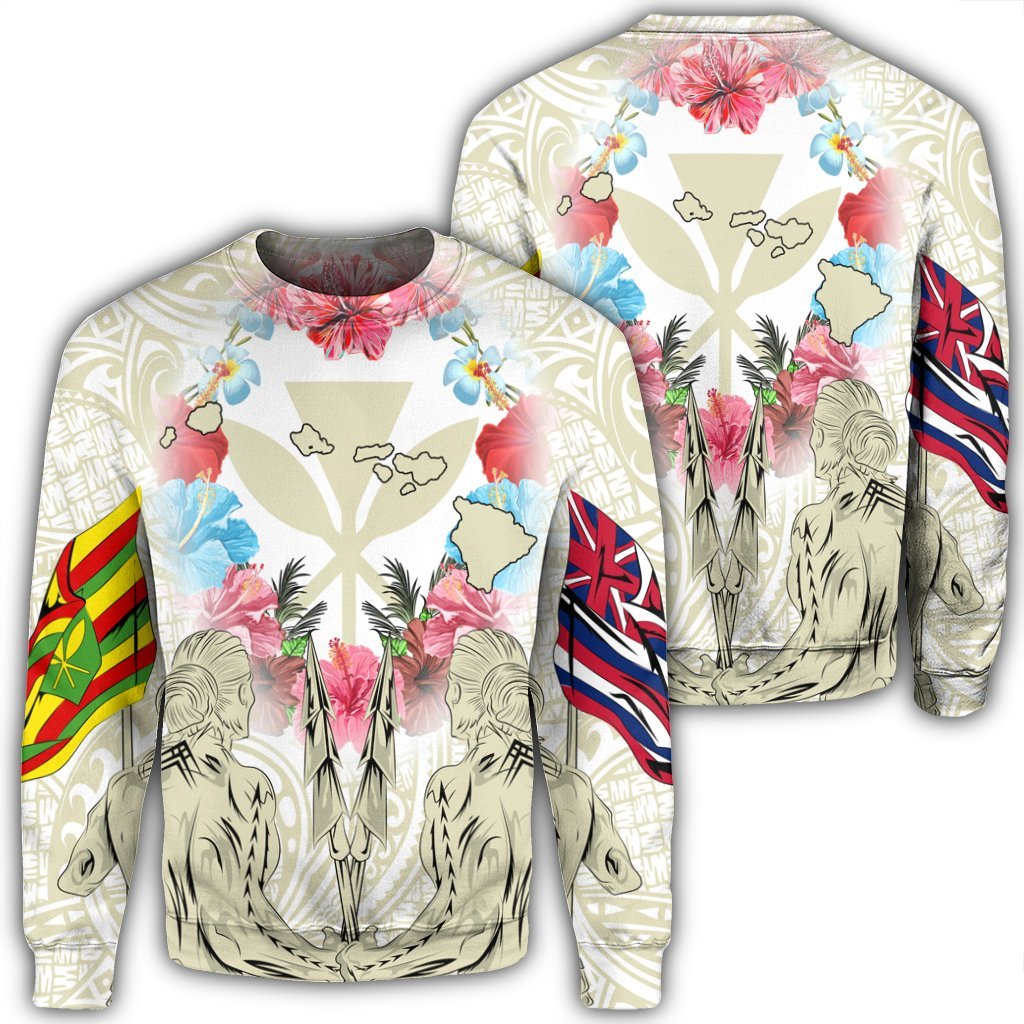 Hawaii Map Kanaka Two Men Holding Flag Sweatshirt Beige - AH Unisex Black - Polynesian Pride
