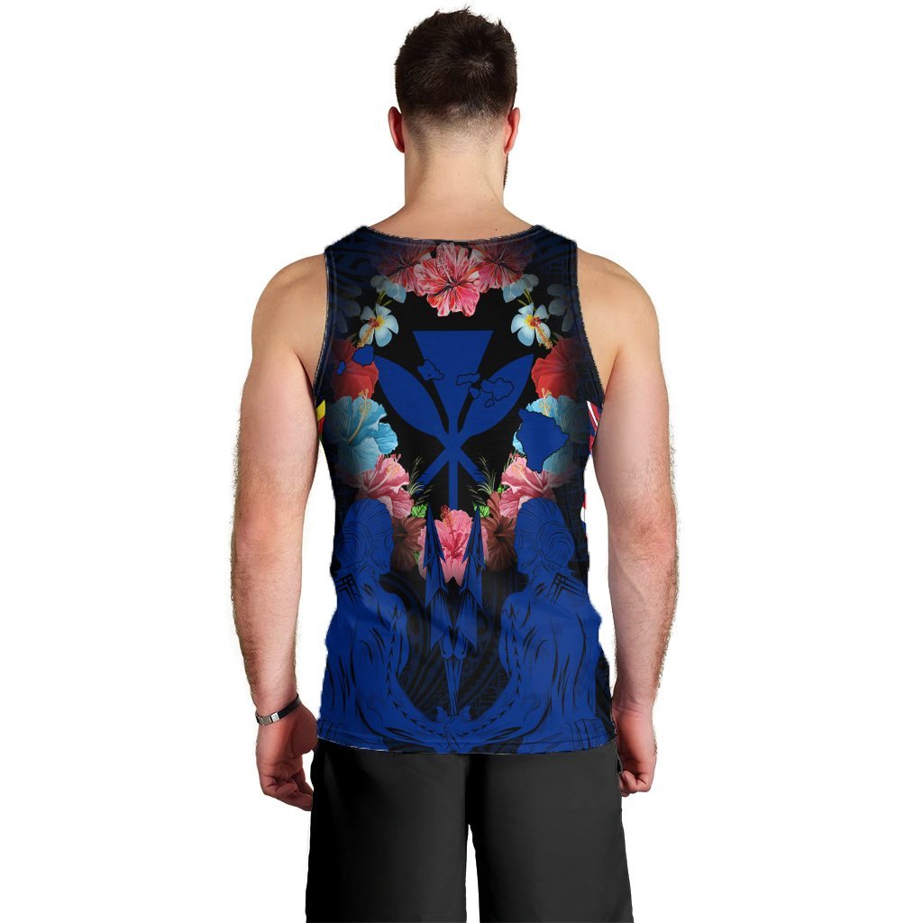 Hawaii Map Kanaka Two Men Holding Flag Tank Top Blue - AH - Polynesian Pride