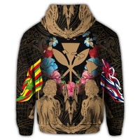 Hawaii Map Kanaka Two Men Holding Flag Zip Hoodie Gold - Polynesian Pride