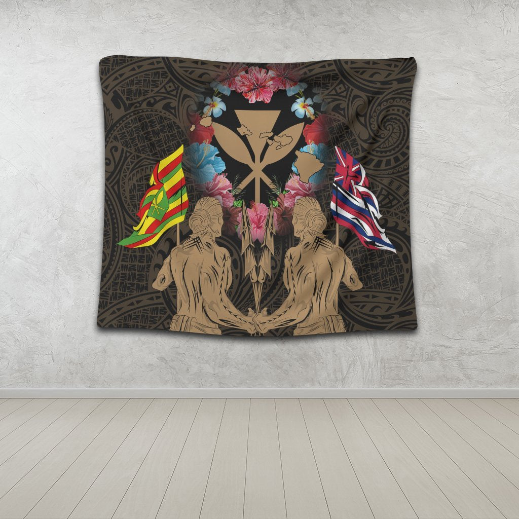 Hawaii Map Kanaka Two Men Holding Flag Tapestry Gold - AH - Polynesian Pride