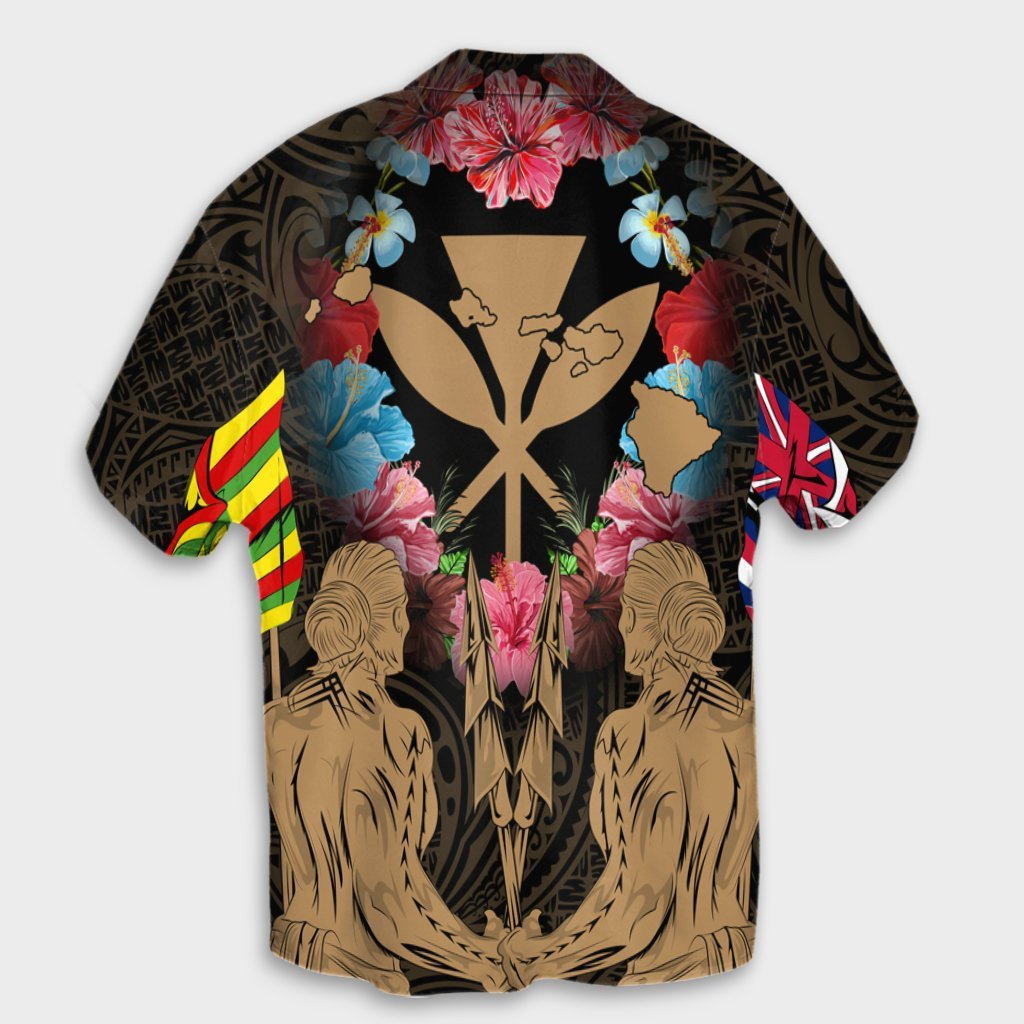 Hawaii Map Kanaka Two Men Holding Flag Hawaiian Shirt Gold - AH - Polynesian Pride