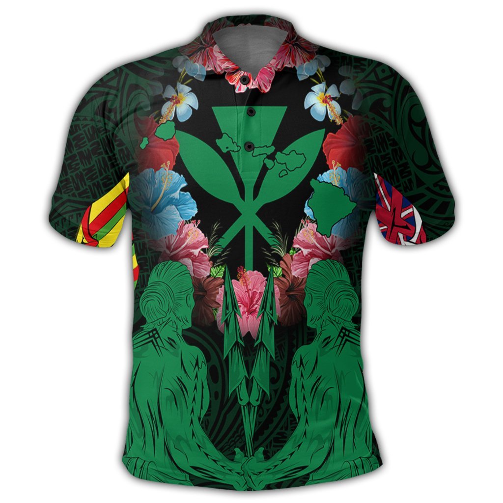 Hawaii Map Kanaka Two Men Holding Flag Polo Shirt Green - Polynesian Pride