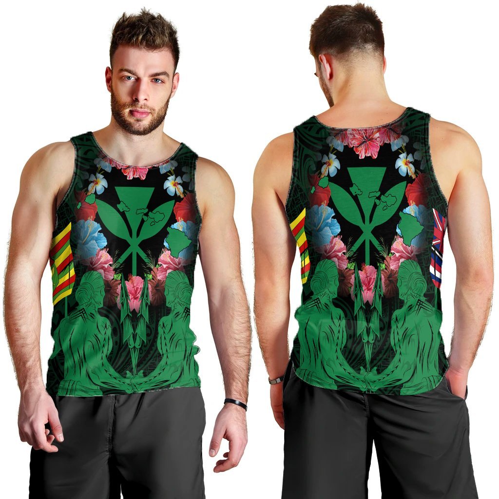 Hawaii Map Kanaka Two Men Holding Flag Tank Top Green - AH - Polynesian Pride