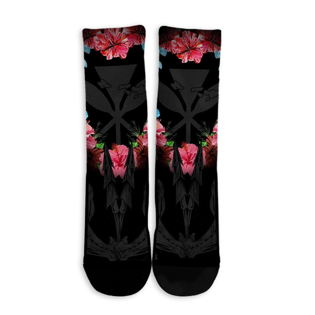 Hawaii Map Kanaka Two Men Holding Flag Crew Socks Grey - AH - Polynesian Pride