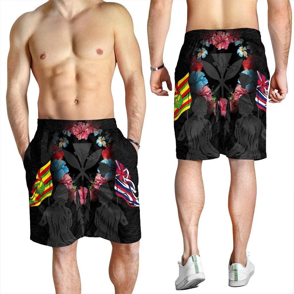 Hawaii Map Kanaka Two Men Holding Flag Men's Shorts Grey - AH - Polynesian Pride