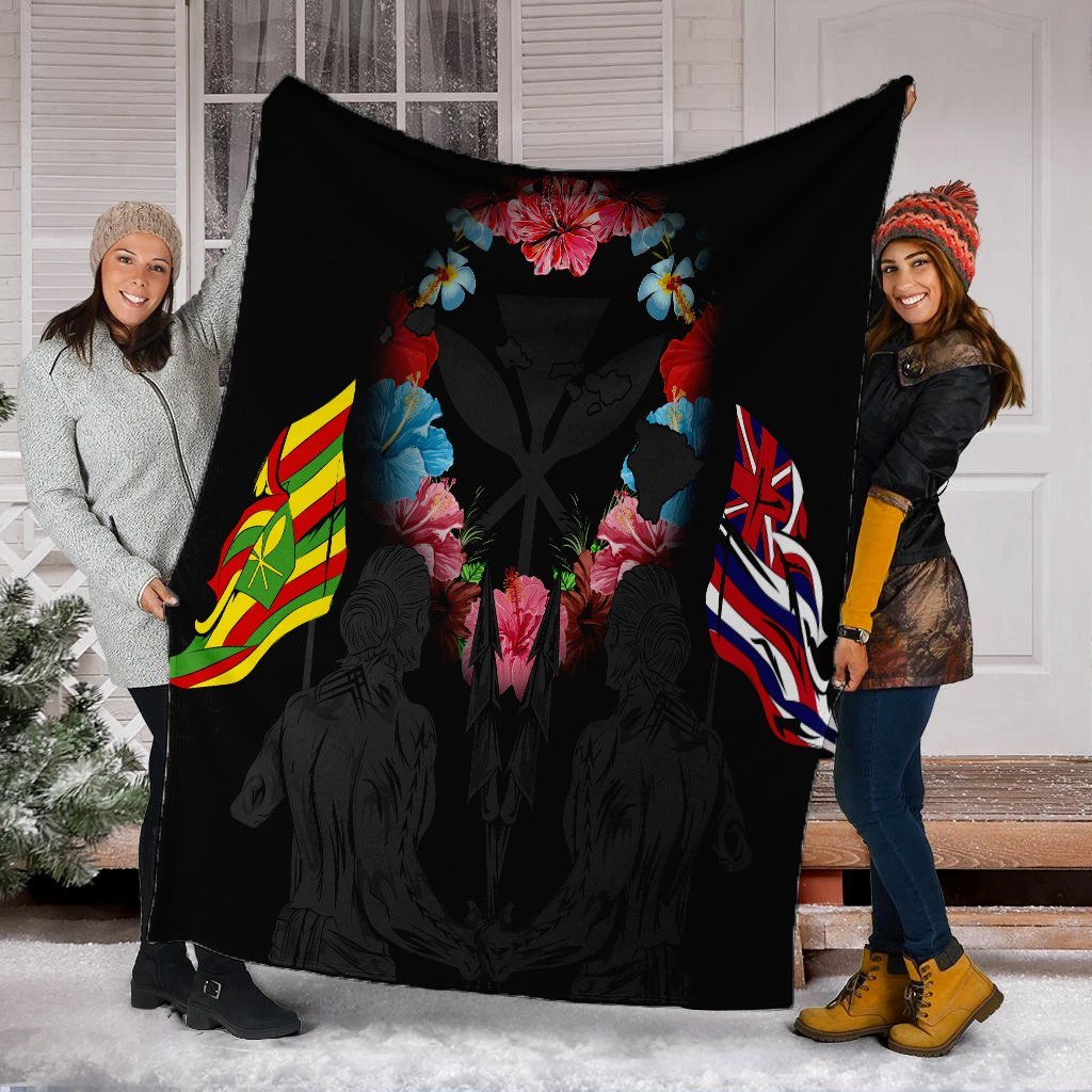 Hawaii Map Kanaka Two Men Holding Flag Premium Blankets Grey - AH - Polynesian Pride
