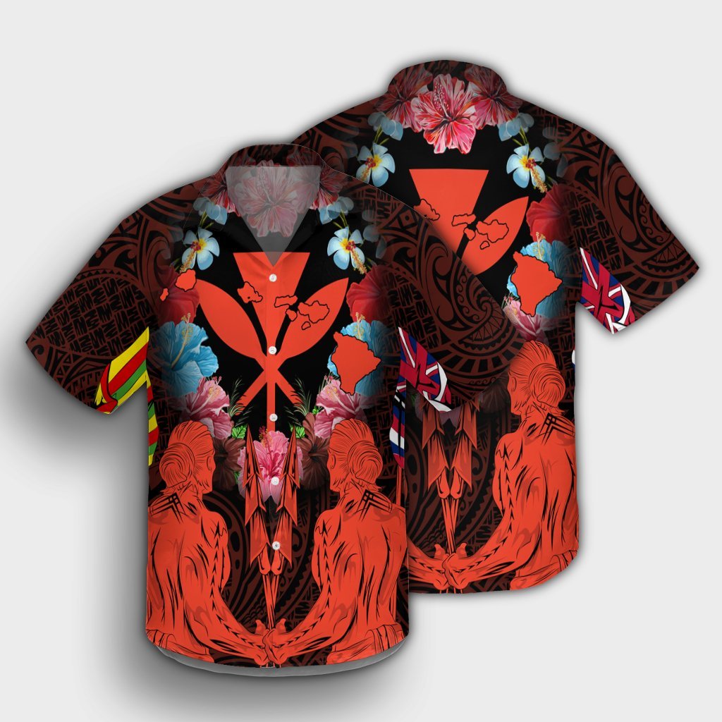 Hawaii Map Kanaka Two Men Holding Flag Hawaiian Shirt Orange - AH - Polynesian Pride