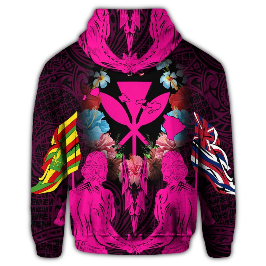 Hawaii Map Kanaka Two Men Holding Flag Zip Hoodie Pink - Polynesian Pride