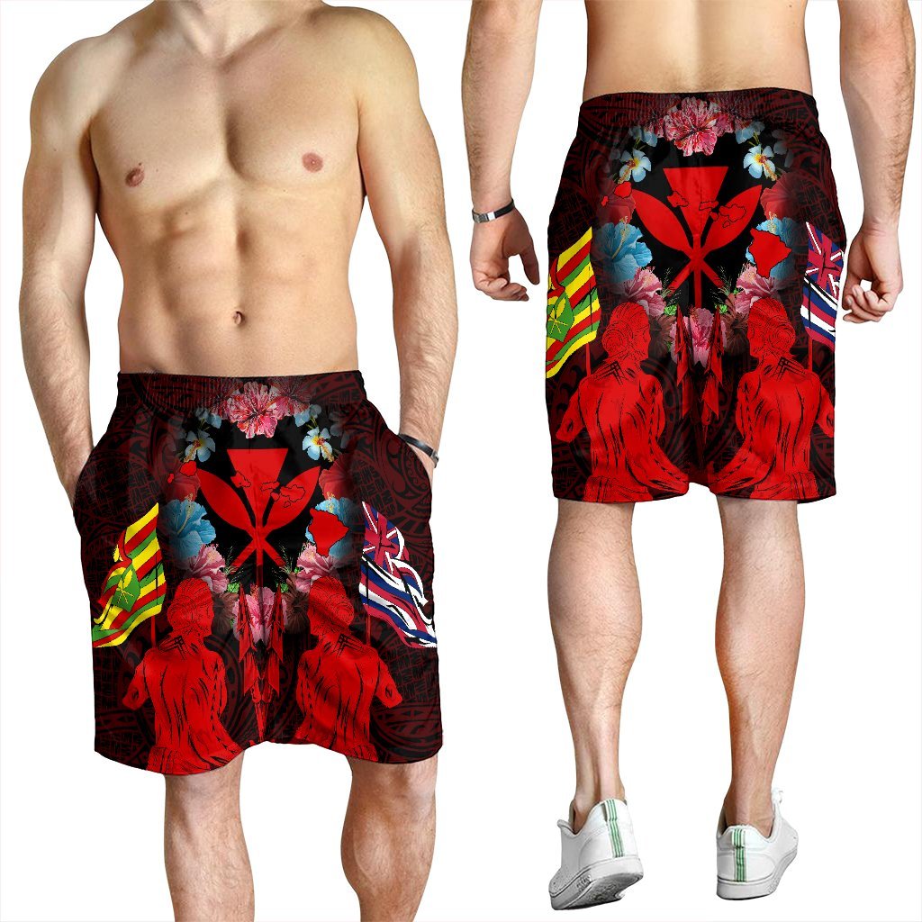 Hawaii Map Kanaka Two Men Holding Flag Men's Shorts Red - AH - Polynesian Pride