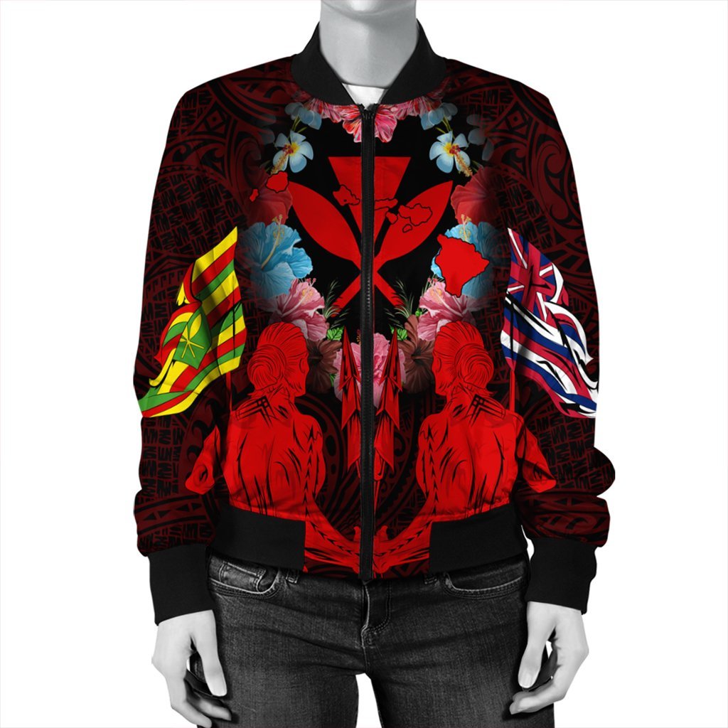 Hawaii Map Kanaka Two Men Holding Flag Bomber Jacket Red - AH - Polynesian Pride