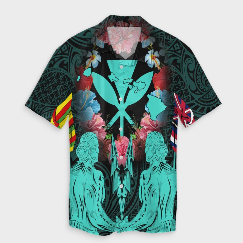 Hawaii Map Kanaka Two Men Holding Flag Hawaiian Shirt Turquoise - AH Unisex Black - Polynesian Pride