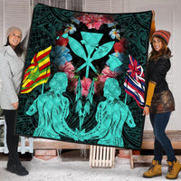 Hawaii Map Kanaka Two Men Holding Flag Premium Quilts Turquoise - AH - Polynesian Pride