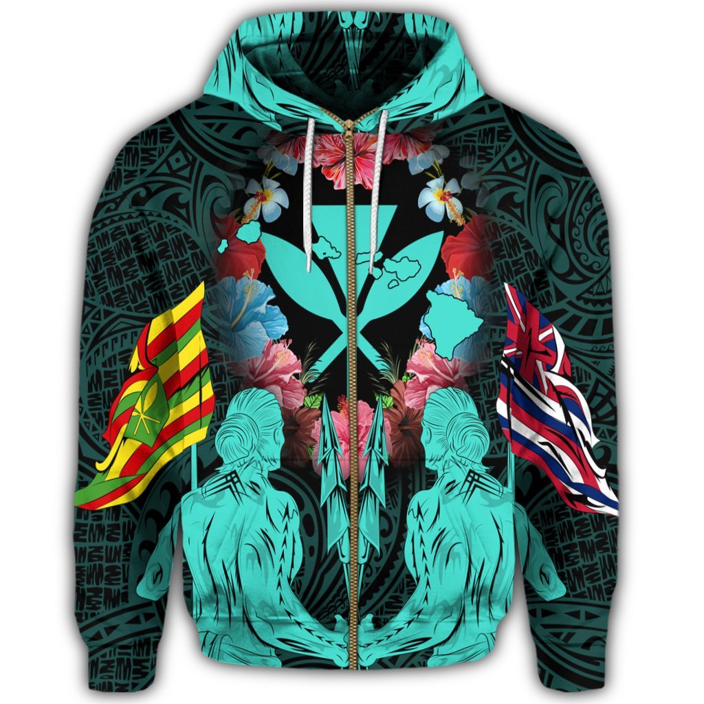 Hawaii Map Kanaka Two Men Holding Flag Zip Hoodie Turquoise - Polynesian Pride