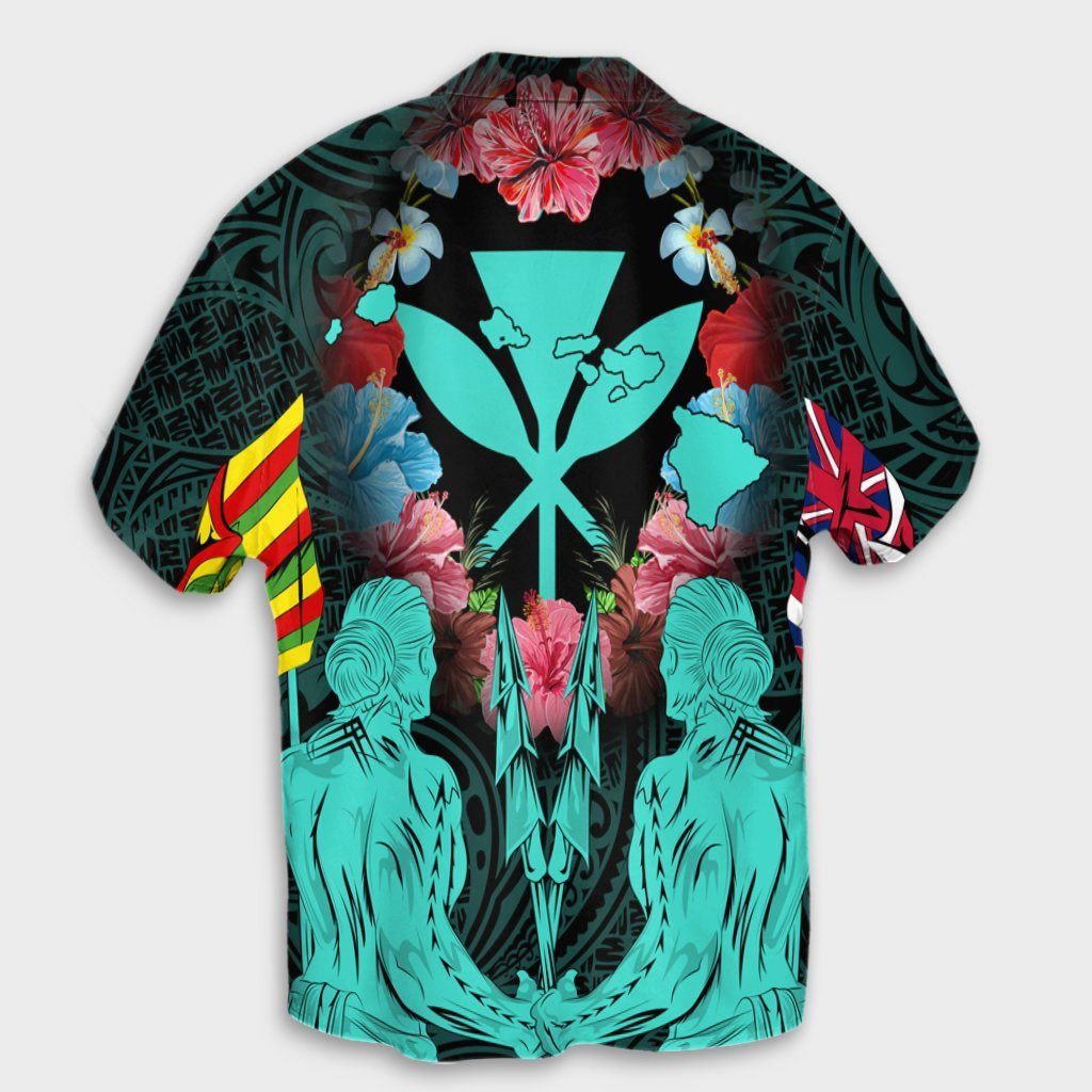 Hawaii Map Kanaka Two Men Holding Flag Hawaiian Shirt Turquoise - AH - Polynesian Pride