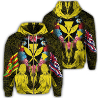 Hawaii Map Kanaka Two Men Holding Flag Zip Hoodie Yellow Unisex Art - Polynesian Pride