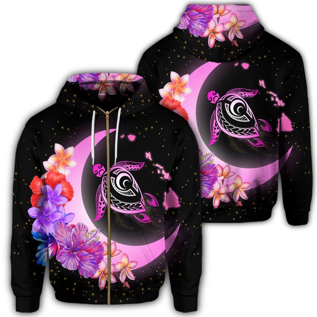 Hawaii Map Moon Star Turtle Plumeria Hibiscus Zip Hoodie Unisex Art - Polynesian Pride
