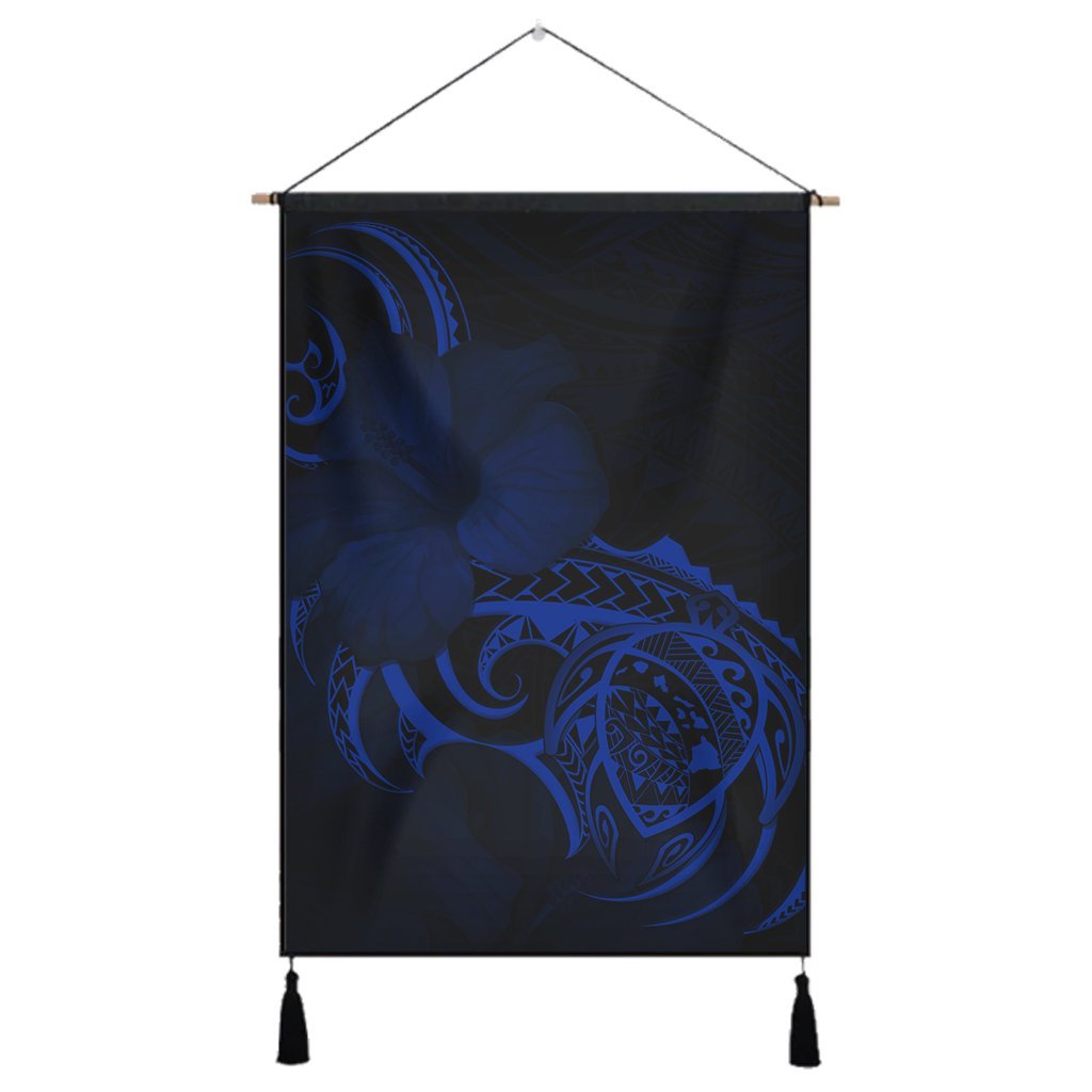 Hawaii Map Turtle Hibiscus Divise Polynesian Hanging Poster Blue - AH Hanging Poster Cotton And Linen - Polynesian Pride