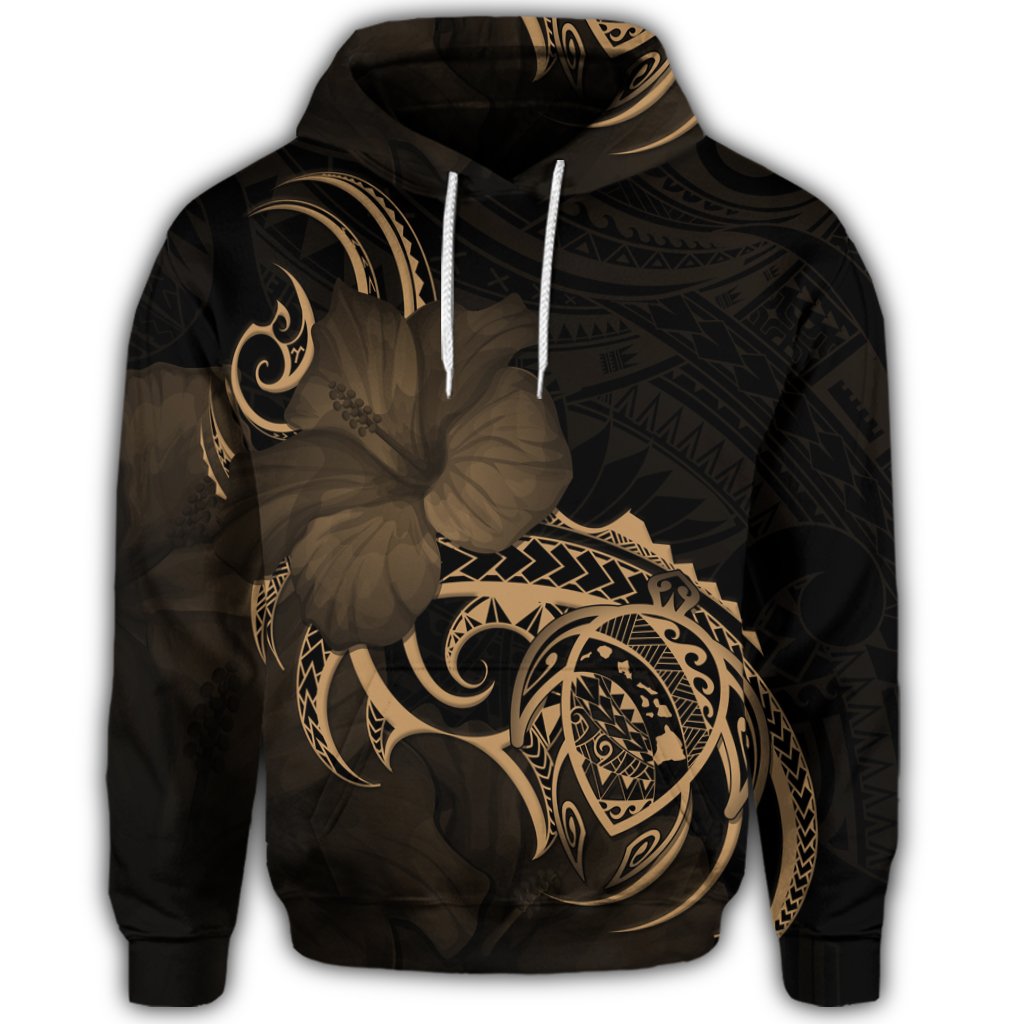 Hawaiian Map Turtle Hibiscus Divise Polynesian Hoodie Gold - Polynesian Pride