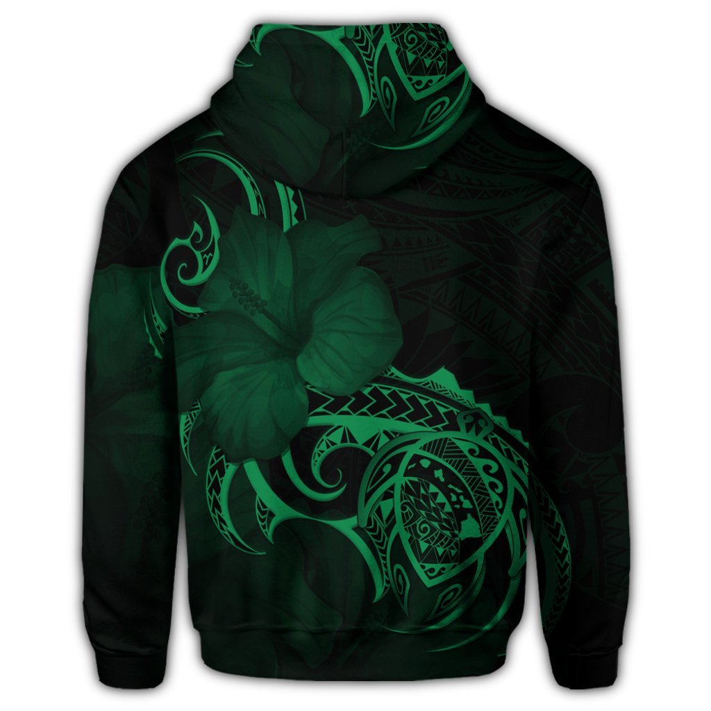 Hawaii Map Turtle Hibiscus Divise Polynesian Zip Hoodie Green - Polynesian Pride
