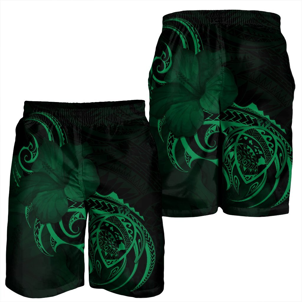 Hawaii Map Turtle Hibiscus Divise Polynesian Men's Shorts Green - AH - Polynesian Pride