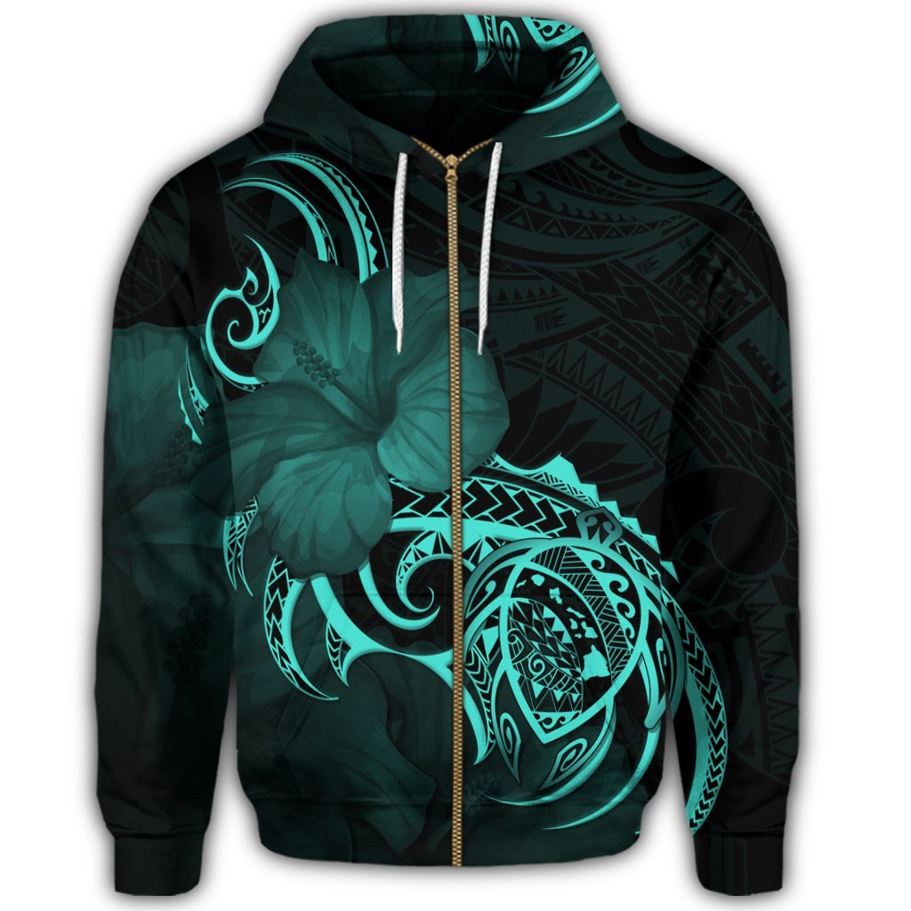 Hawaii Map Turtle Hibiscus Divise Polynesian Zip Hoodie Turquoise - Polynesian Pride