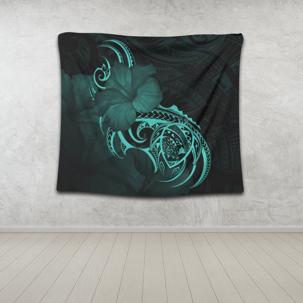 Hawaii Map Turtle Hibiscus Divise Polynesian Tapestry Turquoise - AH - Polynesian Pride