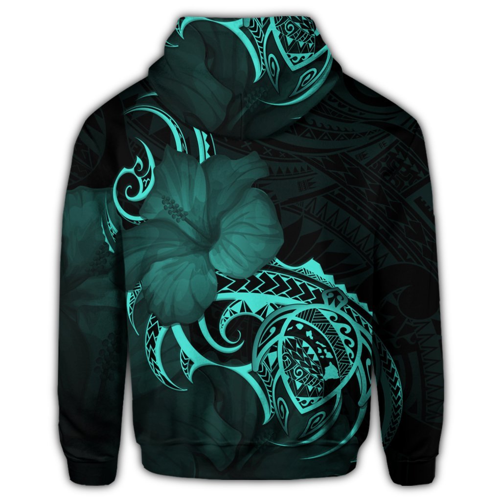 Hawaiian Map Turtle Hibiscus Divise Polynesian Hoodie Turquoise - Polynesian Pride