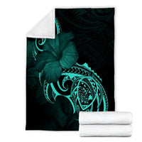 Hawaii Map Turtle Hibiscus Divise Polynesian Premium Blankets Turquoise - AH - Polynesian Pride