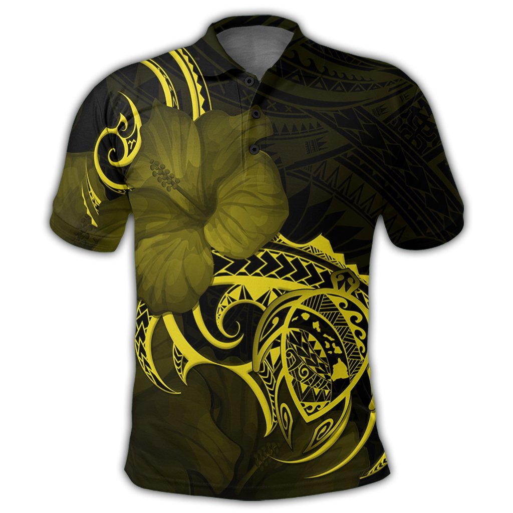 Hawaii Map Turtle Hibiscus Divise Polynesian Polo Shirt Yellow - Polynesian Pride