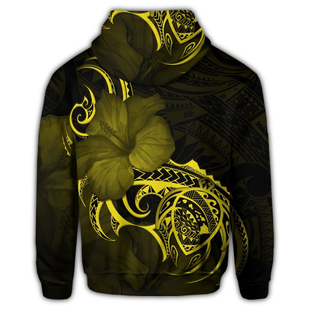 Hawaiian Map Turtle Hibiscus Divise Polynesian Hoodie Yellow - Polynesian Pride
