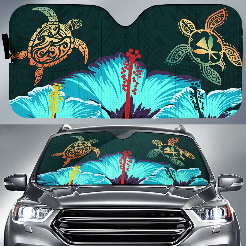 Hawaii Map Turtle Hibiscus Polynesian Luxury Car Sun Shade - Honu Ohana - Green Auto Sun Shade Universal Fit Green - Polynesian Pride
