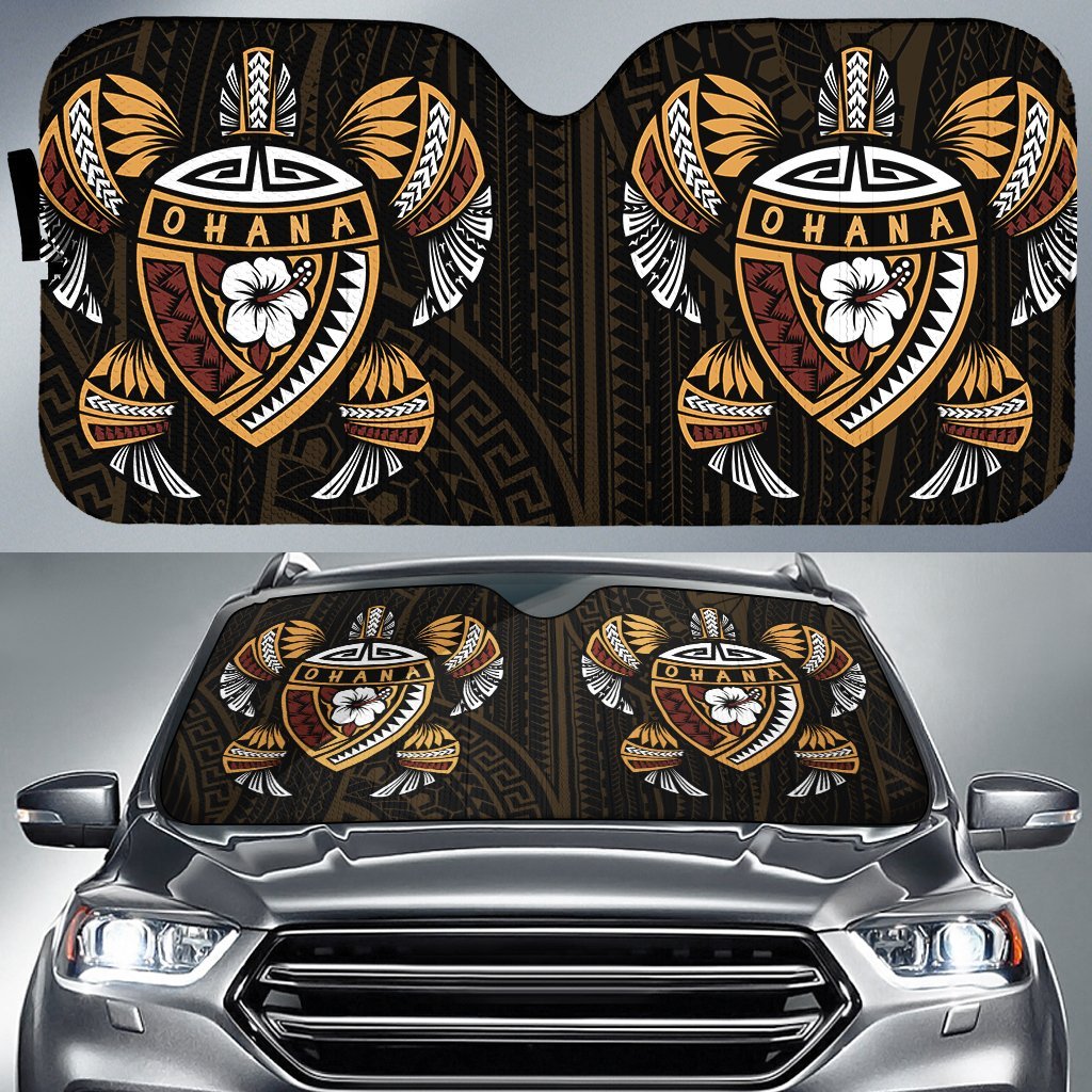 Hawaii Map Turtle Ohana Hibiscus Kakau Polynesian Car Sun Shade Auto Sun Shade Universal Fit Black - Polynesian Pride