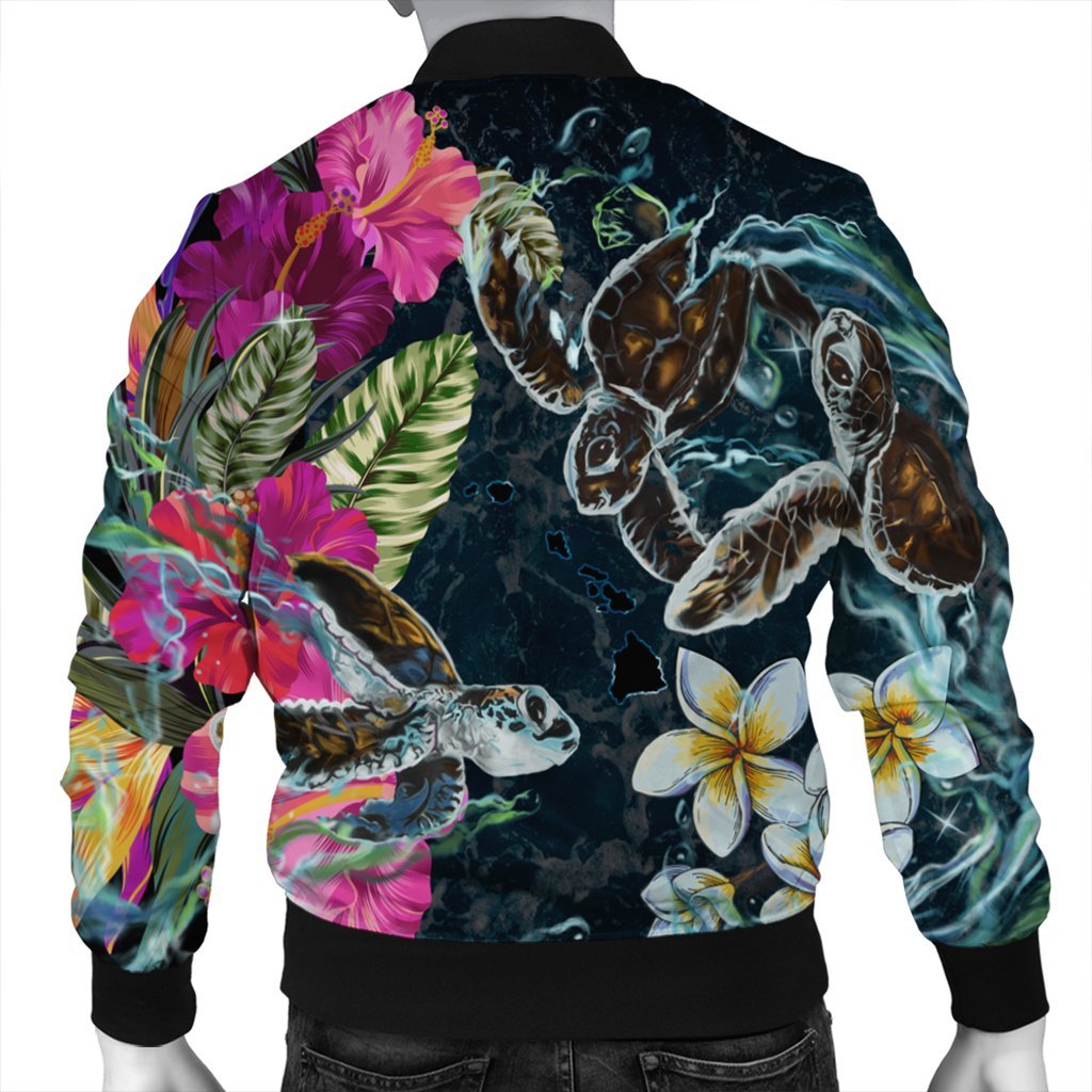 Hawaii Map Turtle Swimming Hibiscus Plumeria Moana Bomber Jacket - AH - Polynesian Pride
