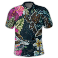 Hawaii Map Turtle Swimming Hibiscus Plumeria Moana Polo Shirt - Polynesian Pride
