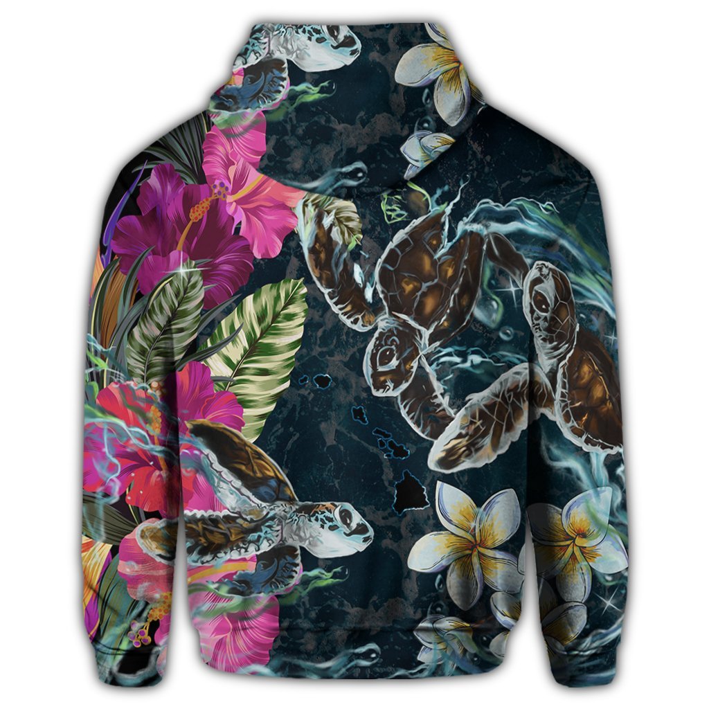 Hawaii Map Turtle Swimming Hibiscus Plumeria Moana Zip Hoodie - Polynesian Pride