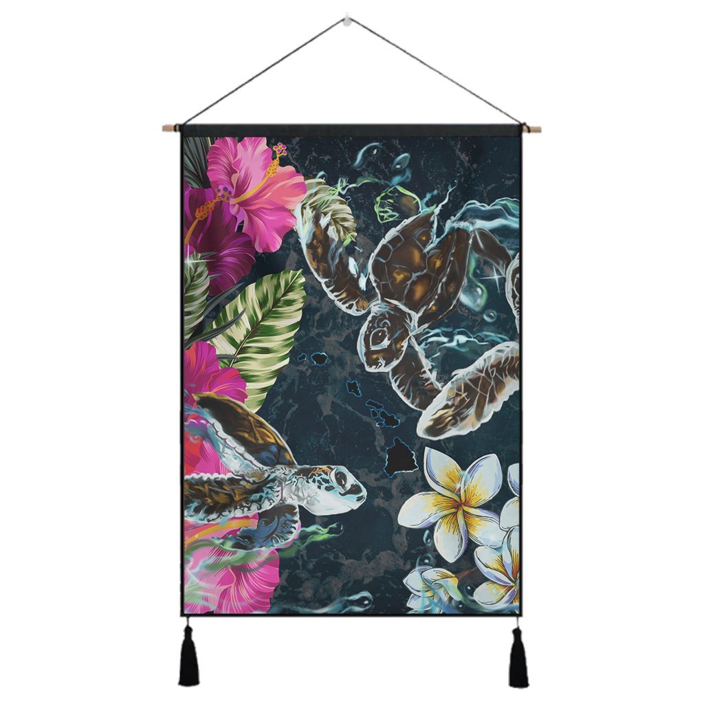 Hawaii Map Turtle Swimming Hibiscus Plumeria Moana Hanging Poster - AH Hanging Poster Cotton And Linen - Polynesian Pride