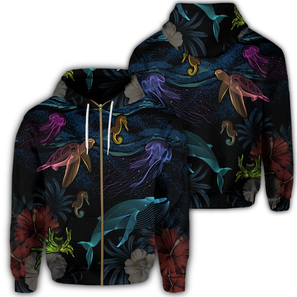 Hawaii Marine Life Sea Zip Hoodie Unisex Art - Polynesian Pride