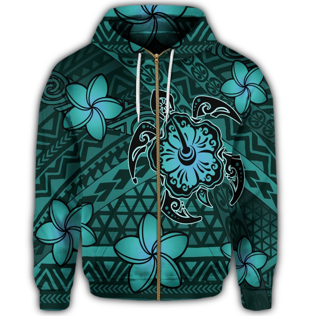 Hawaii Mix Polynesian Turtle Plumeria Zip Hoodie Nick Style Turquoise - Polynesian Pride