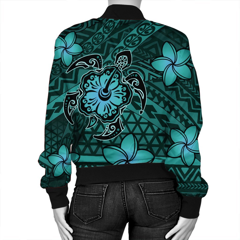 Hawaii Mix Polynesian Turtle Plumeria Bomber Jacket - AH - Nick Style - Turquoise - Polynesian Pride