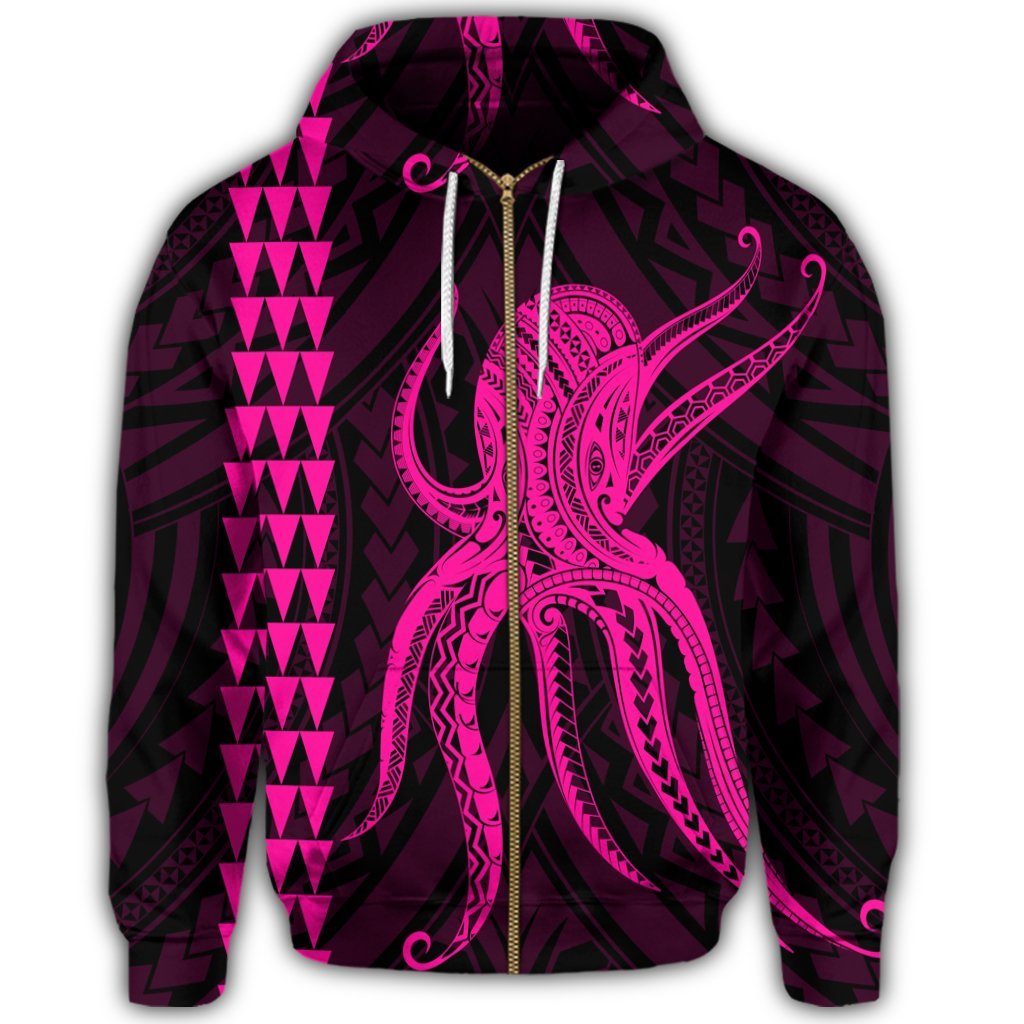 Hawaii Octopus KaKau Polynesian Zip Hoodie Pink - Polynesian Pride
